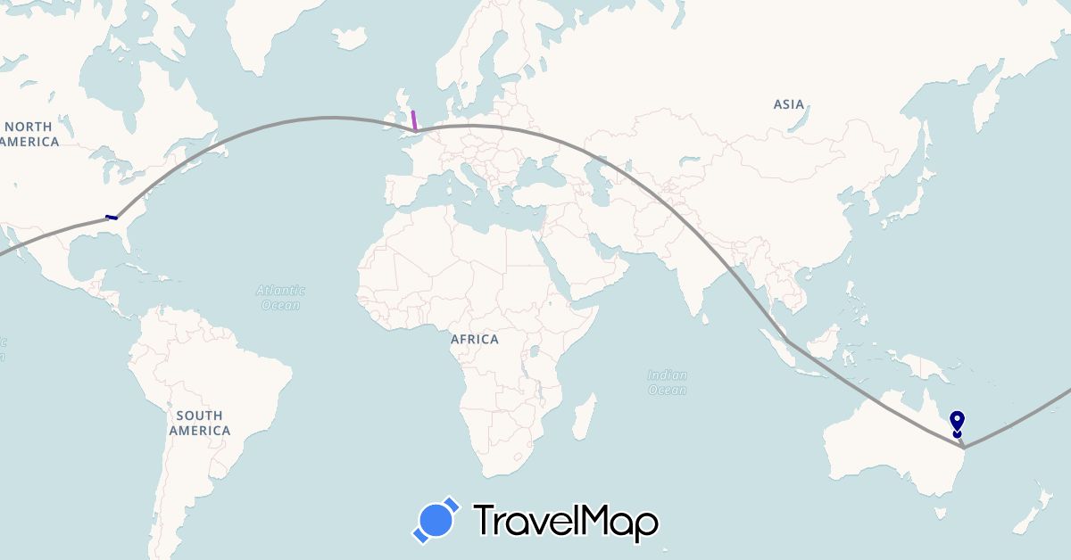 TravelMap itinerary: driving, bus, plane, train in Australia, United Kingdom, Singapore, United States (Asia, Europe, North America, Oceania)
